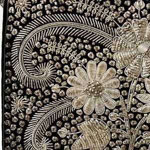 Exquisite silver on black velvet embroidered purse.